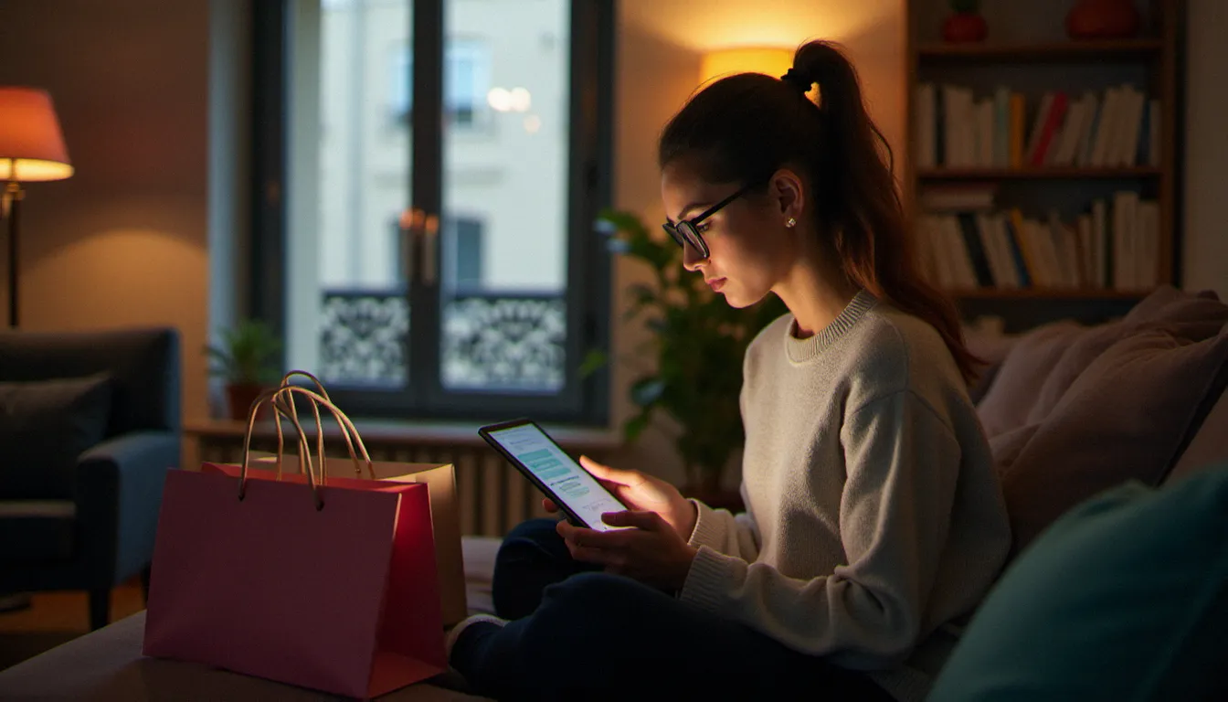 Femme consultant ses gains de cashback sur une tablette à domicile après avoir utilisé une application de récompenses comme Joko