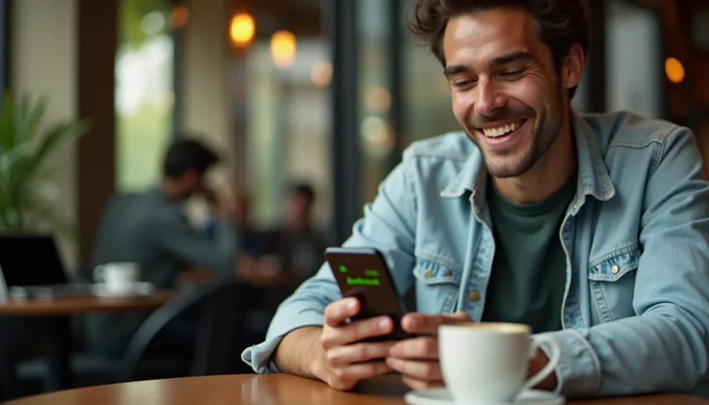 Homme consultant l'application Joko sur son smartphone dans un café parisien pour utiliser son code parrainage Joko