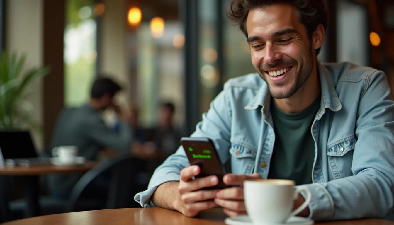 Homme consultant l'application Joko sur son smartphone dans un café parisien pour utiliser son code parrainage Joko