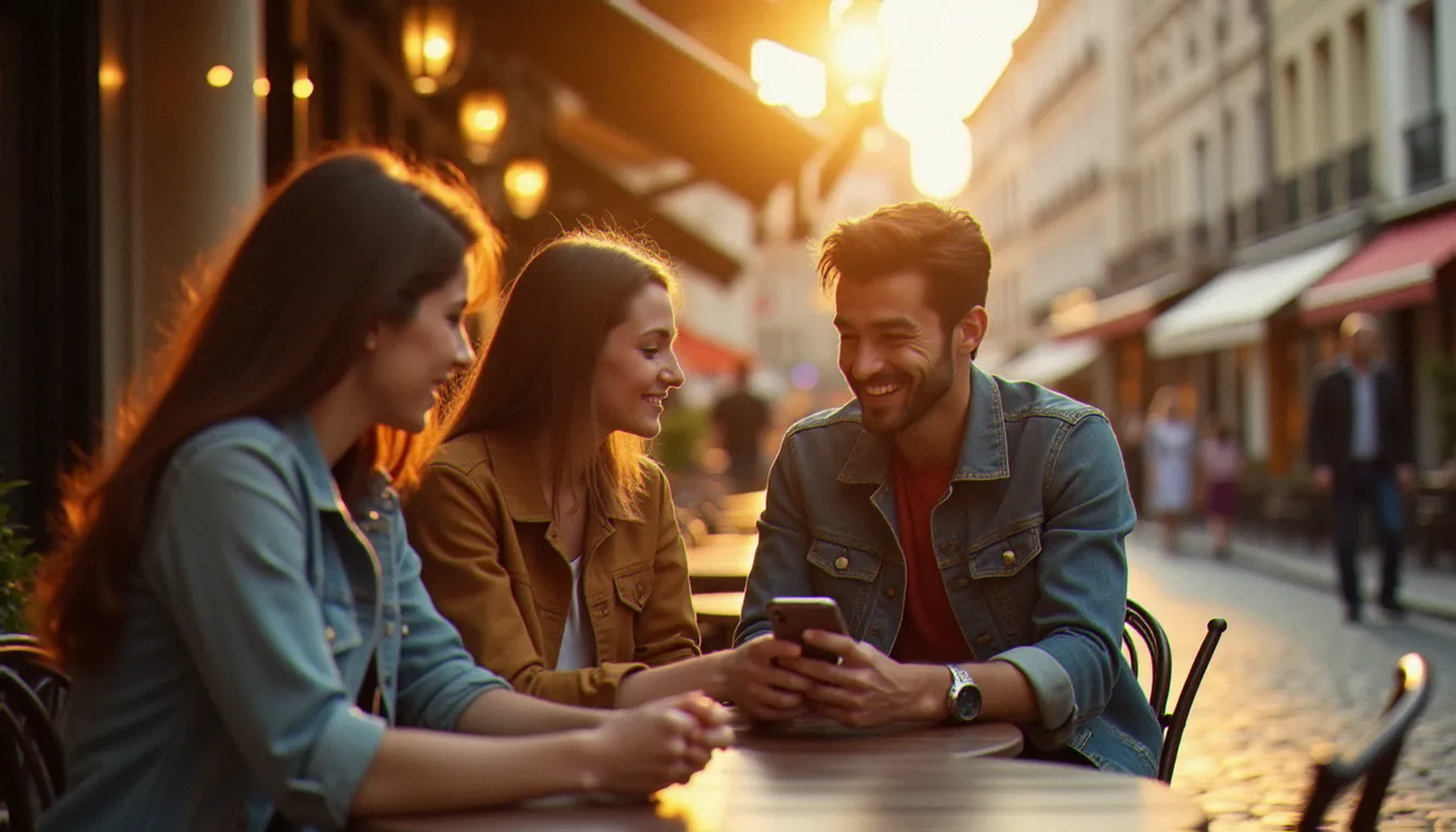 Trois amis parisiens en terrasse de café partageant un code parrainage sur smartphone lors d'une conversation animée