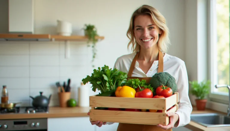 Une femme souriante tenant une caisse de légumes frais sans emballage plastique dans une cuisine moderne, illustrant une commande avec code parrainage Le Fourgon