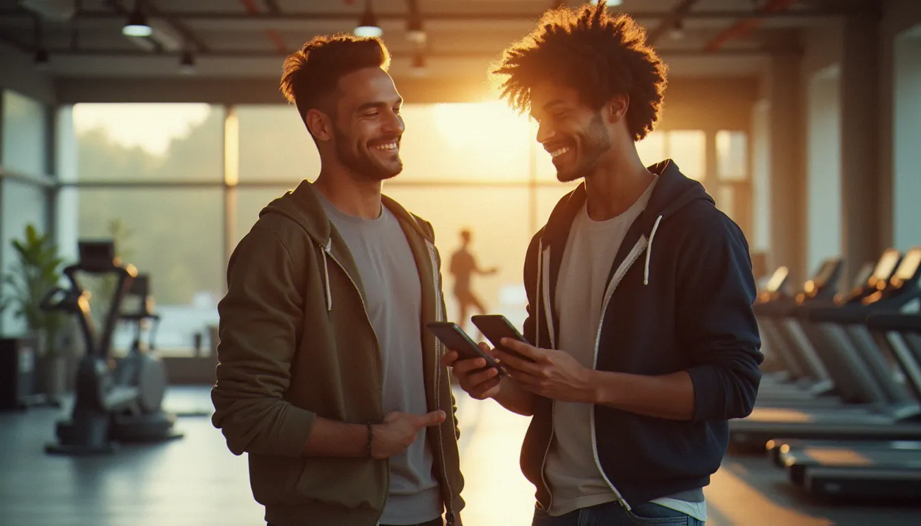 Deux amis sportifs partageant un code parrainage MyProtein sur smartphone à l'entrée d'une salle de sport, illustrant le principe gagnant-gagnant du programme de parrainage