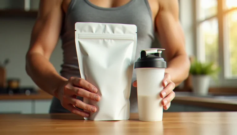 Mains tenant un sachet de protéines et un shaker MyProtein sur un plan de travail, illustrant l'univers des compléments sportifs et du code parrainage MyProtein