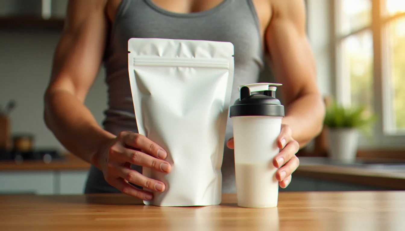 Mains tenant un sachet de protéines et un shaker MyProtein sur un plan de travail, illustrant l'univers des compléments sportifs et du code parrainage MyProtein