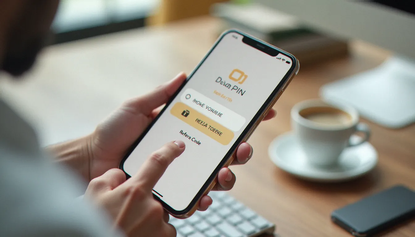 Mains tenant un smartphone affichant un formulaire d'inscription en ligne avec le champ de saisie du code parrainage PMU mis en évidence