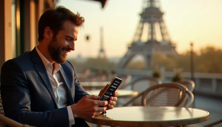 Un homme consultant son application de paris PMU sur smartphone dans un café parisien, illustrant l'utilisation d'un code parrainage PMU