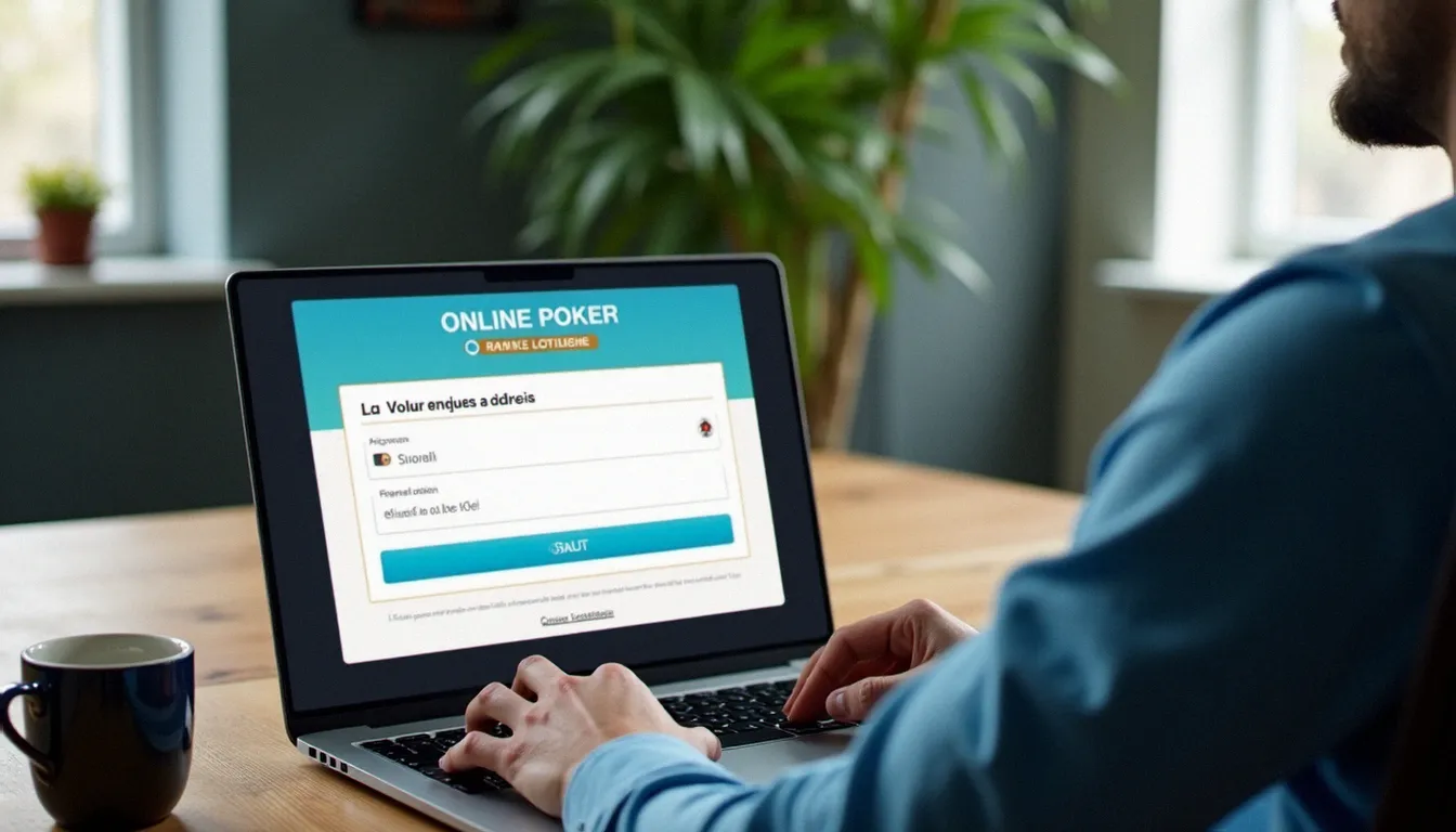 Homme créant un compte sur une plateforme de poker en ligne française depuis son bureau, avec un formulaire d'inscription visible à l'écran