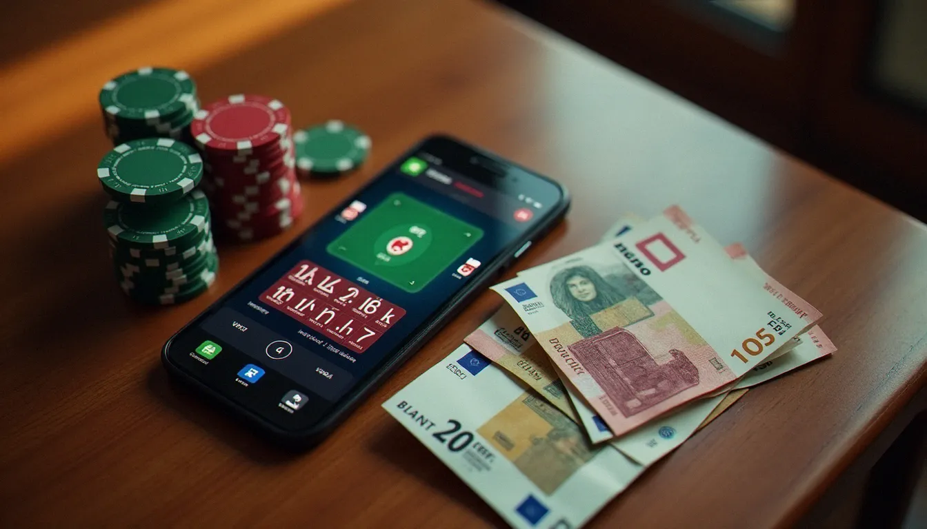 Vue aérienne d'un smartphone avec une application de poker ouverte, entouré de jetons et de billets en euros sur une table en bois