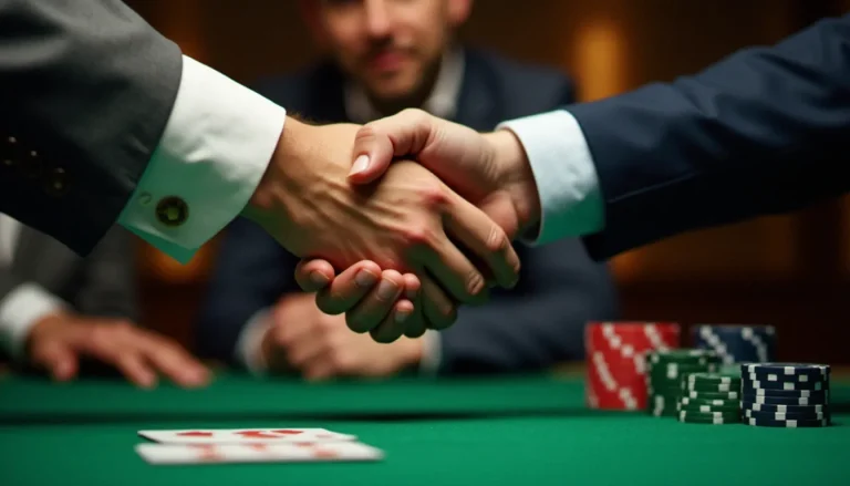 Deux joueurs de poker se serrant la main autour d'une table de jeu avec des jetons, illustrant le code parrainage PMU Poker