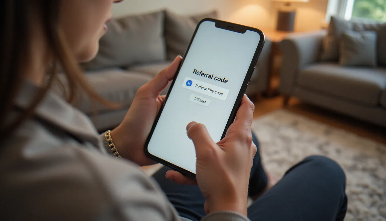 Mains tenant un smartphone sur lequel un champ de saisie de code parrainage est visible, illustrant les étapes d'activation d'un code parrainage Poulpeo sur mobile