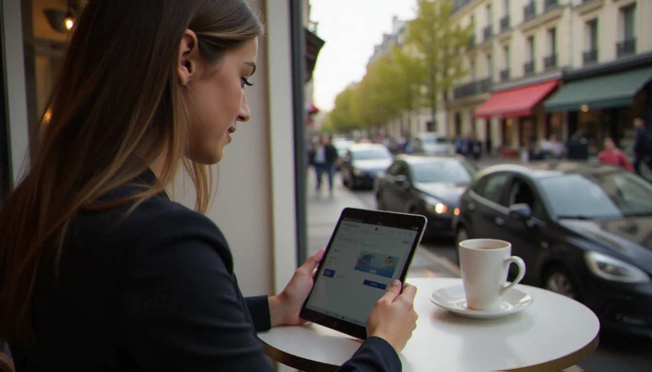 Une femme souriante consultant ses gains de cashback sur une tablette dans un café parisien, représentant la gestion active d'un programme de parrainage comme Poulpeo au quotidien