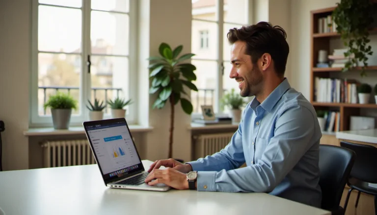 Un homme souriant consultant son tableau de bord cashback sur un ordinateur portable dans un bureau parisien, illustrant l'utilisation d'un code parrainage Poulpeo pour maximiser ses gains