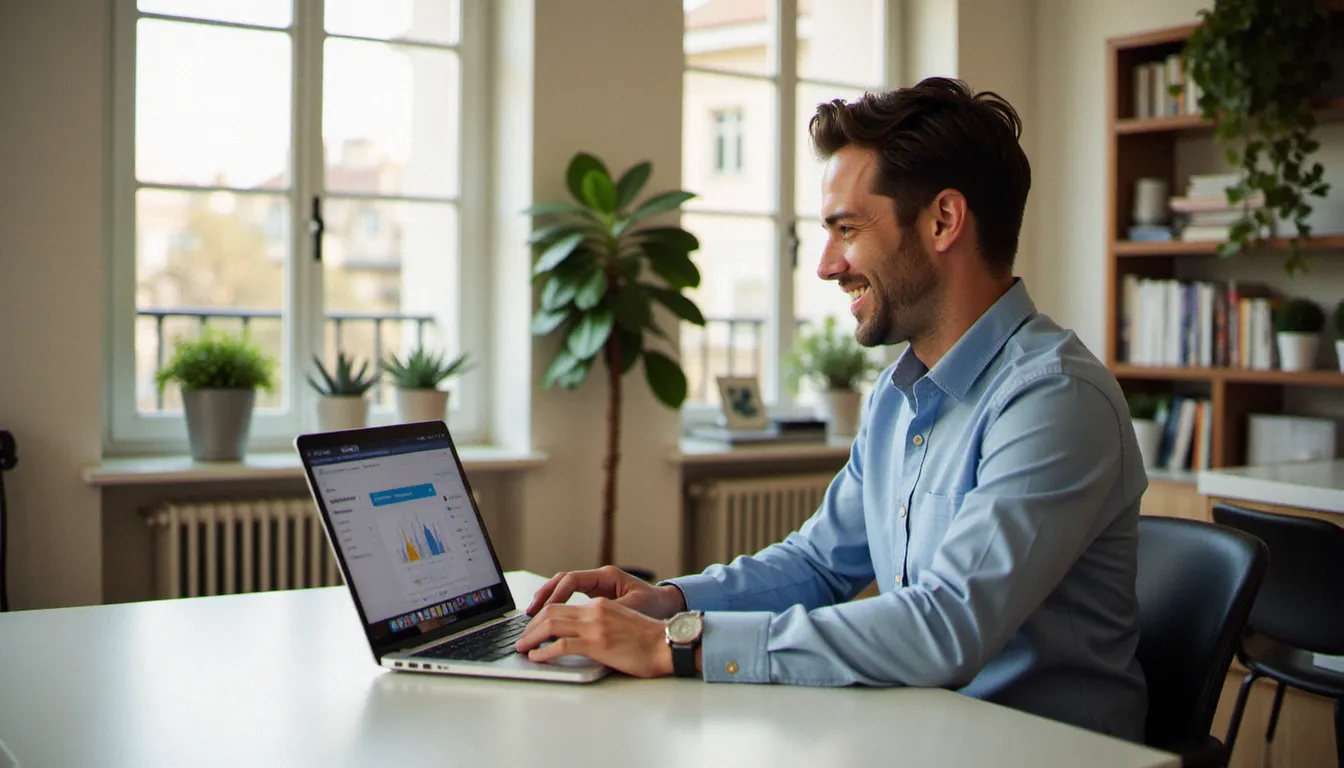 Un homme souriant consultant son tableau de bord cashback sur un ordinateur portable dans un bureau parisien, illustrant l'utilisation d'un code parrainage Poulpeo pour maximiser ses gains