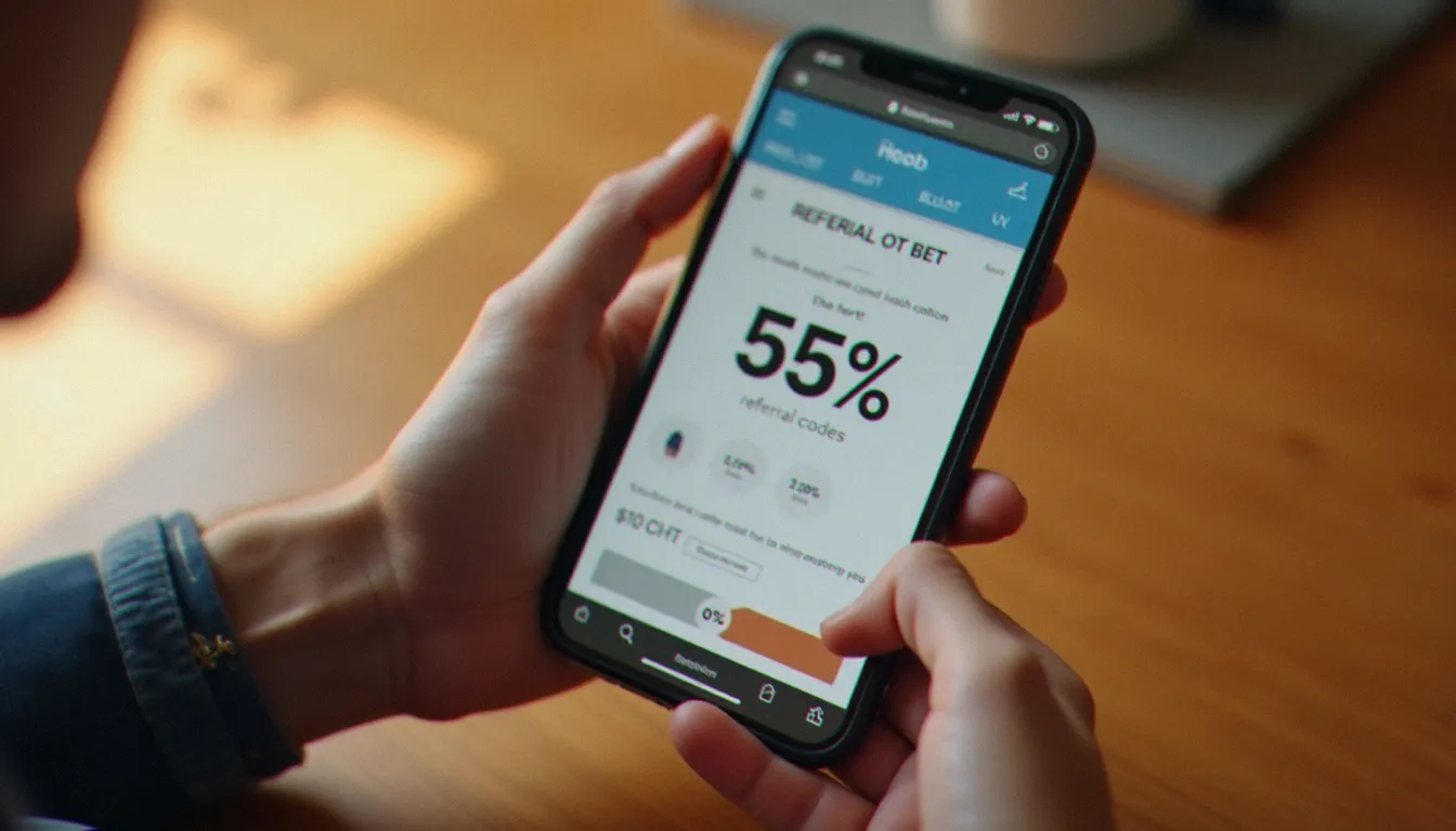 Mains tenant un smartphone affichant un écran de code de parrainage avec une réduction visible sur une application de mode en ligne