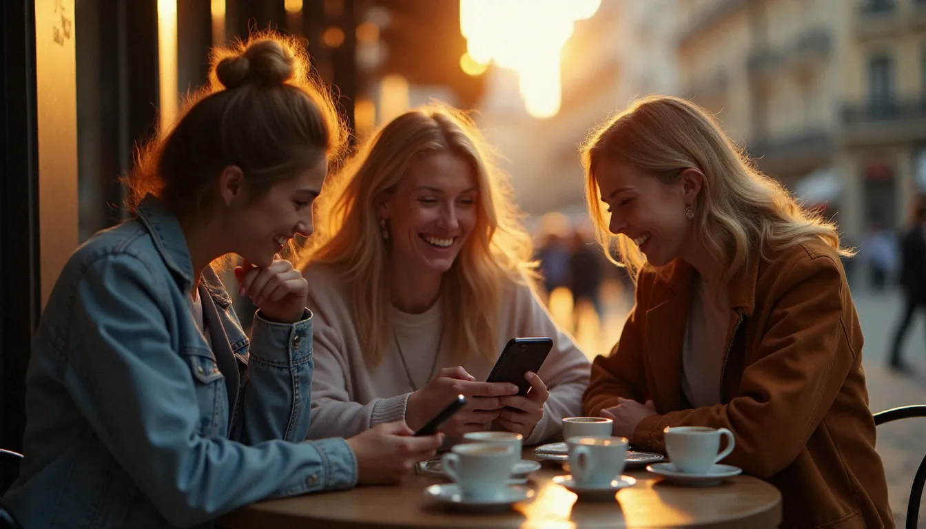 Groupe d'amis réunis dans un café parisien partageant leurs téléphones pour s'échanger des codes de parrainage mode