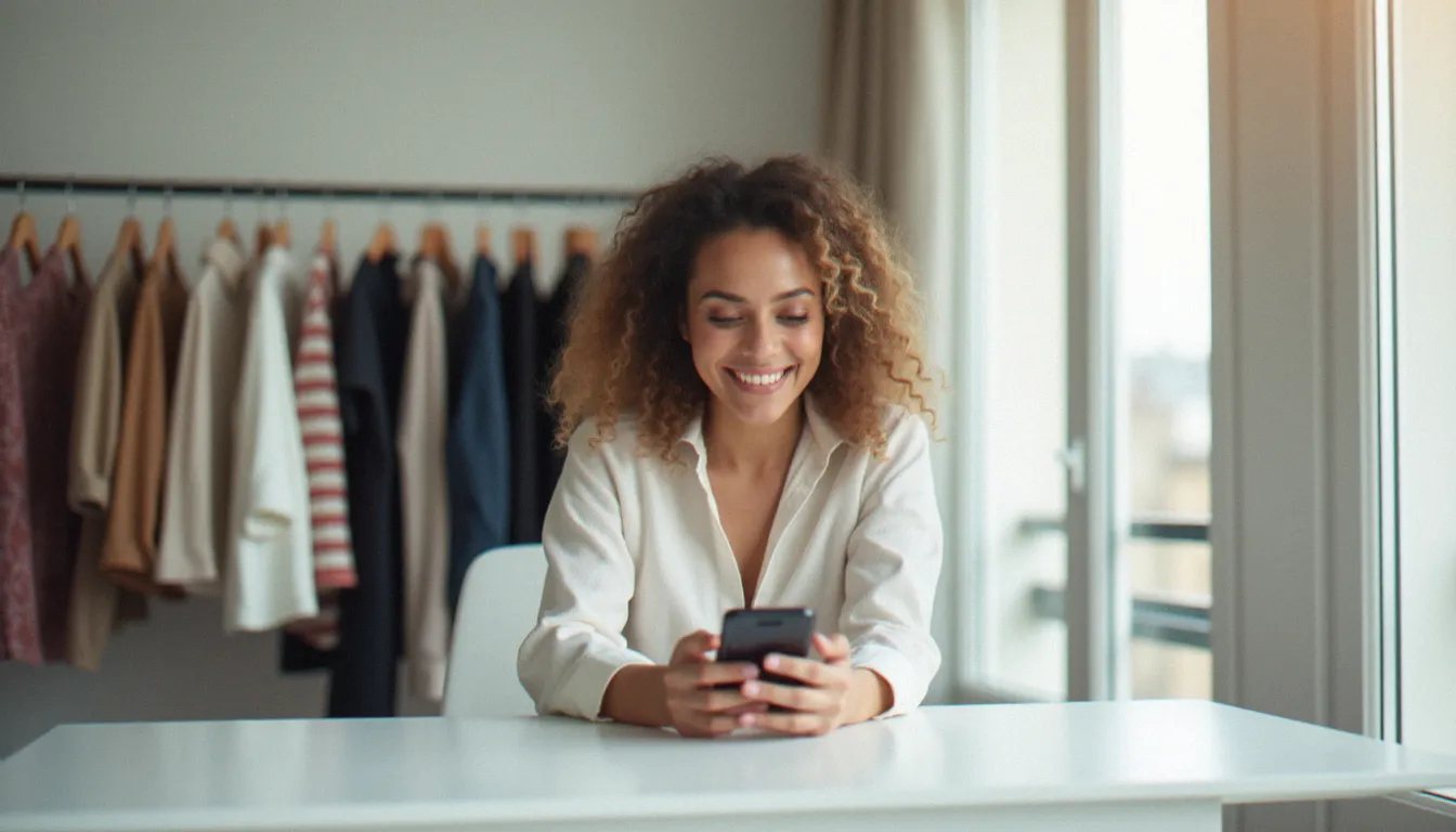 Jeune femme utilisant son smartphone pour entrer un code parrainage Shein sur une application mode, assise dans un appartement parisien lumineux