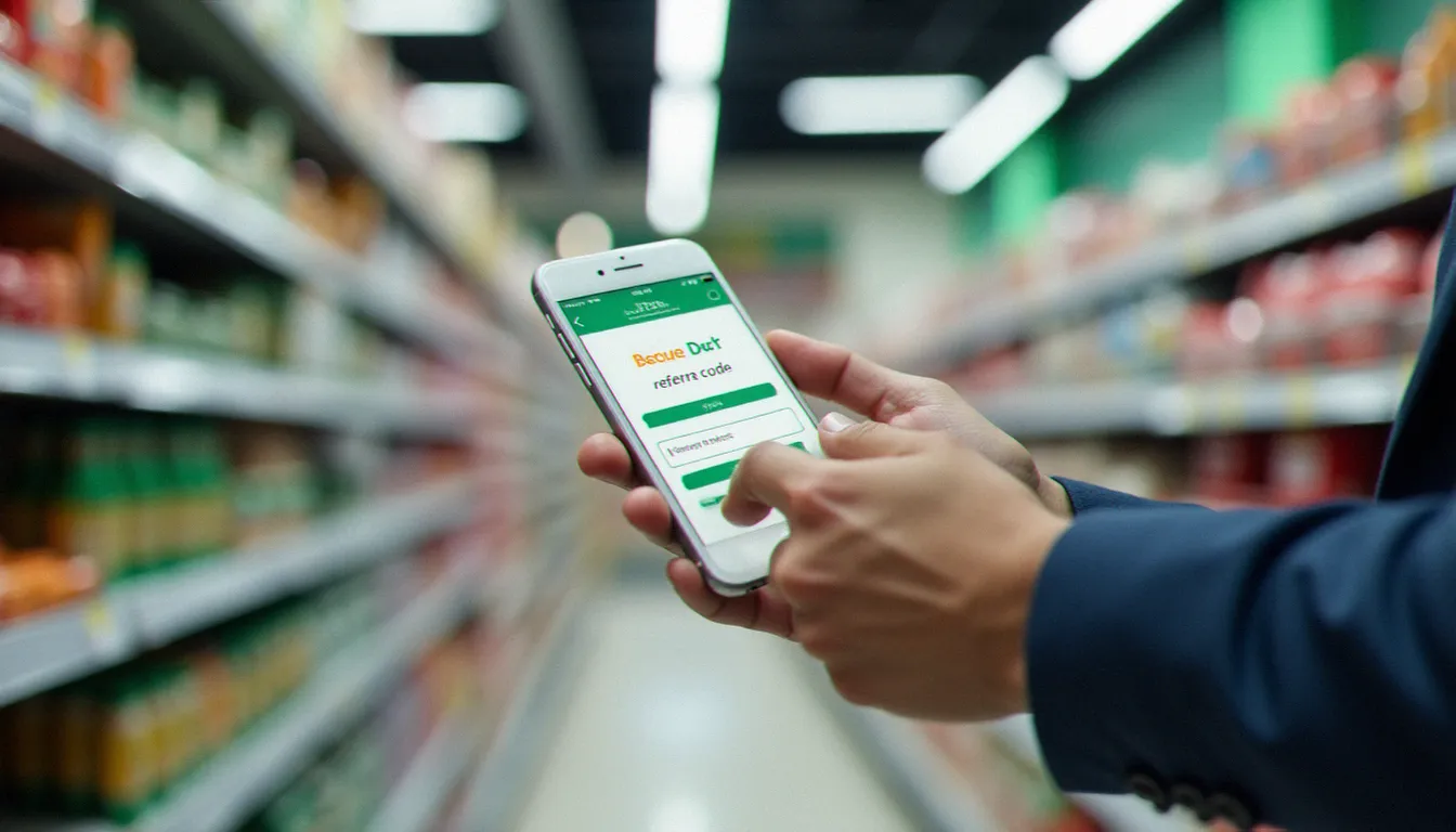 Gros plan sur des mains saisissant un code parrainage dans une application mobile en supermarché