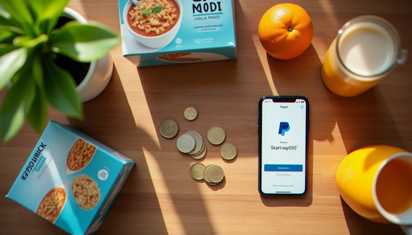 Vue de dessus d'articles de supermarché et d'un smartphone affichant un remboursement cashback Shopmium reçu sur PayPal