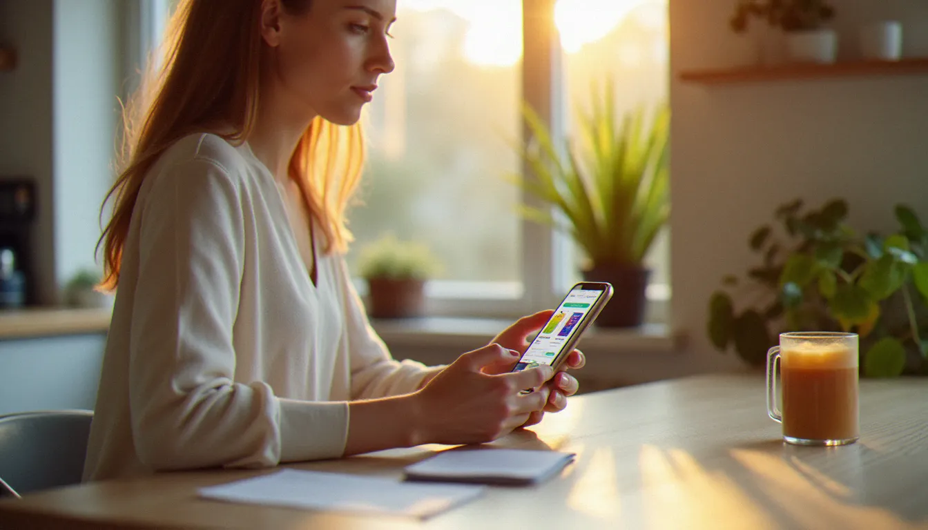 Femme utilisant une application de cashback sur smartphone pour activer un code parrainage Shopmium dans une cuisine moderne