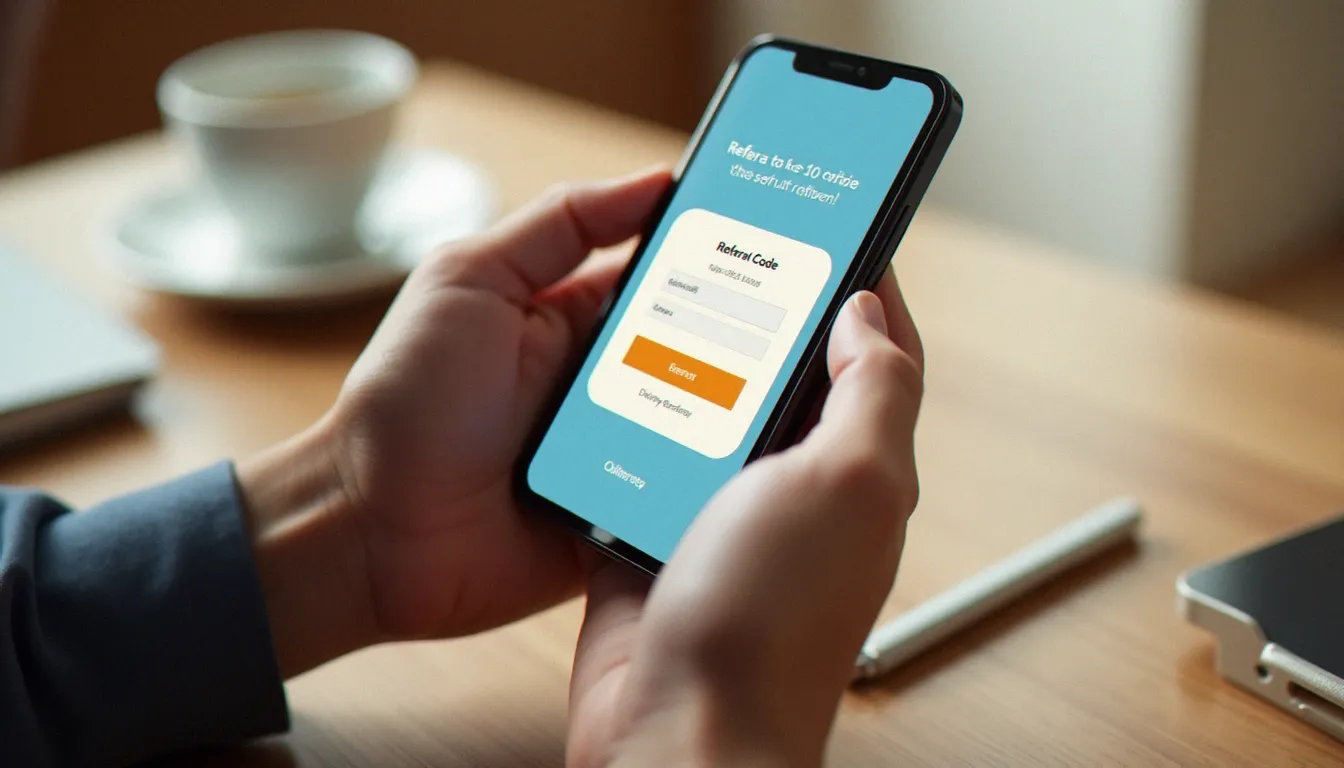 Gros plan sur des mains tenant un smartphone affichant un écran de code parrainage pour une application de livraison collaborative