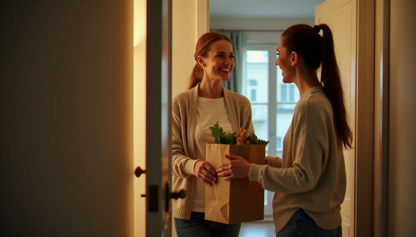 Un porteur Shopopop remettant un sac de courses à une cliente souriante devant la porte de son appartement dans un immeuble résidentiel français
