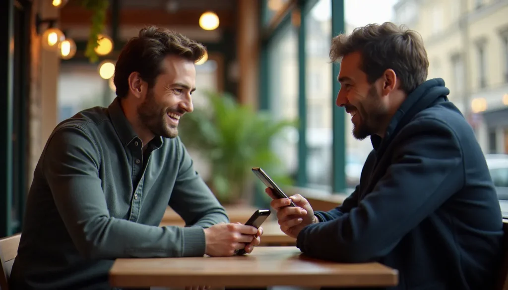 Un homme utilisant l'application de code parrainage Shopopop sur son smartphone dans un café parisien pour partager son code avec un ami