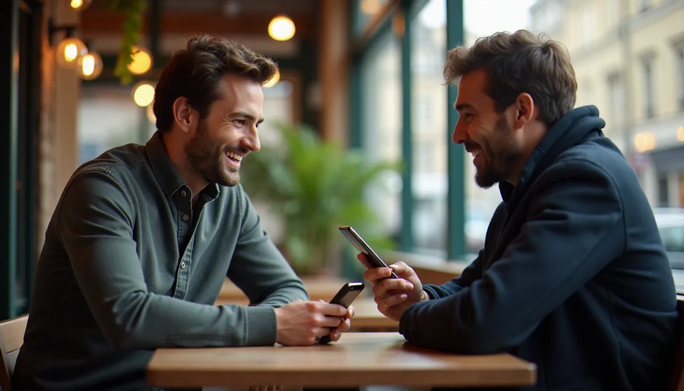 Un homme utilisant l'application de code parrainage Shopopop sur son smartphone dans un café parisien pour partager son code avec un ami