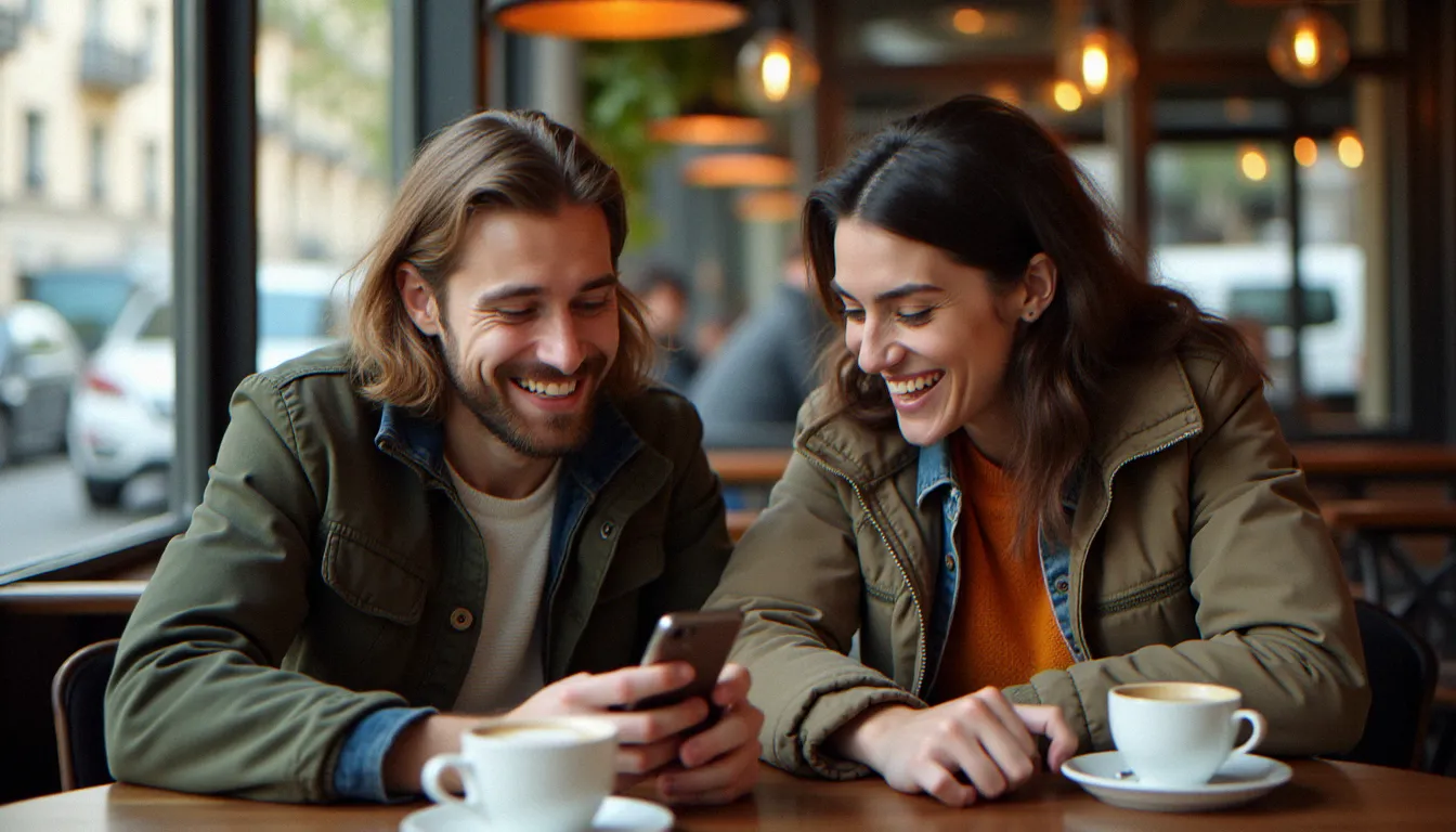Deux amis dans un café parisien partageant un lien de parrainage Showroomprivé sur smartphone