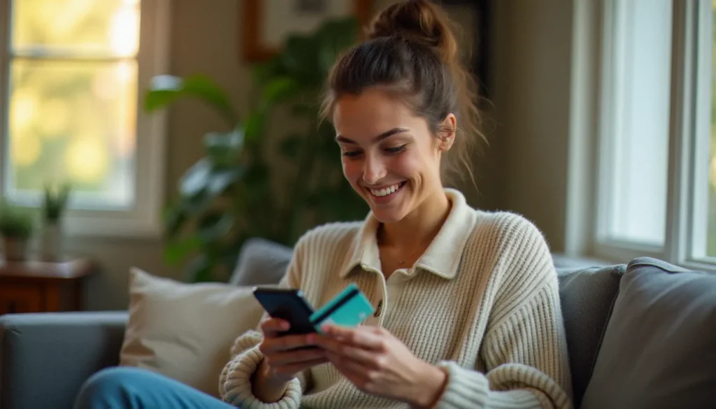 Une femme souriante utilise son smartphone pour profiter d'un code parrainage Showroomprivé lors d'un achat en ligne à domicile