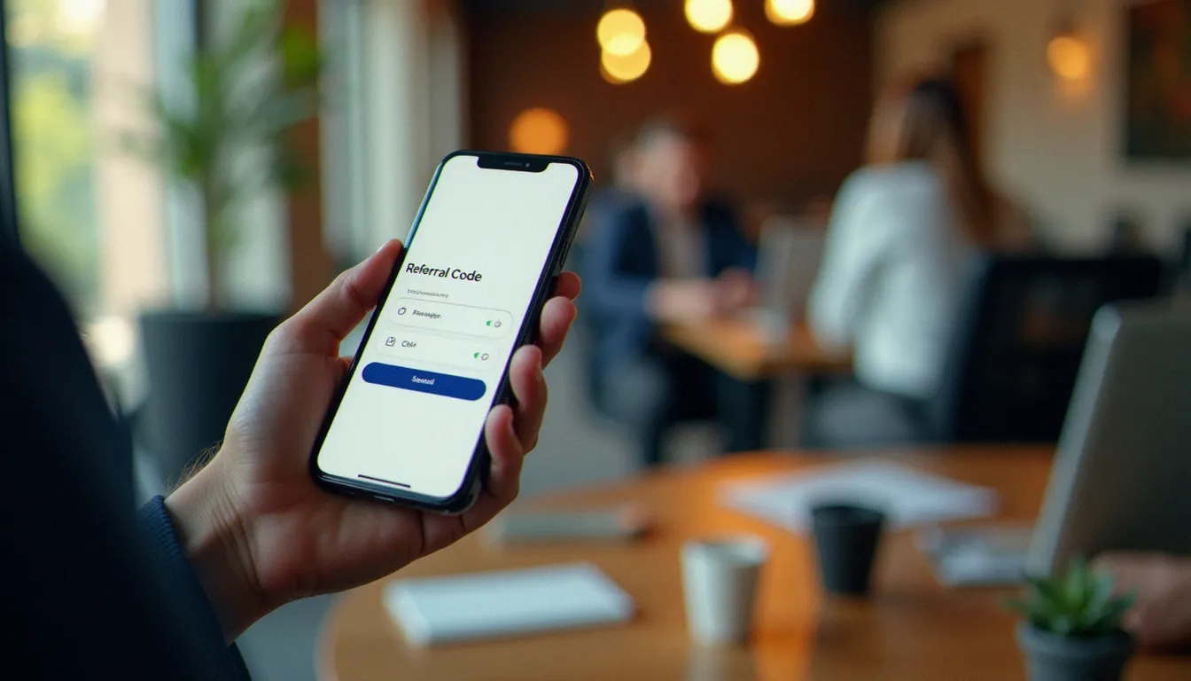 Mains tenant un smartphone affichant un écran de code parrainage d'une application d'investissement en ligne dans un espace de coworking moderne