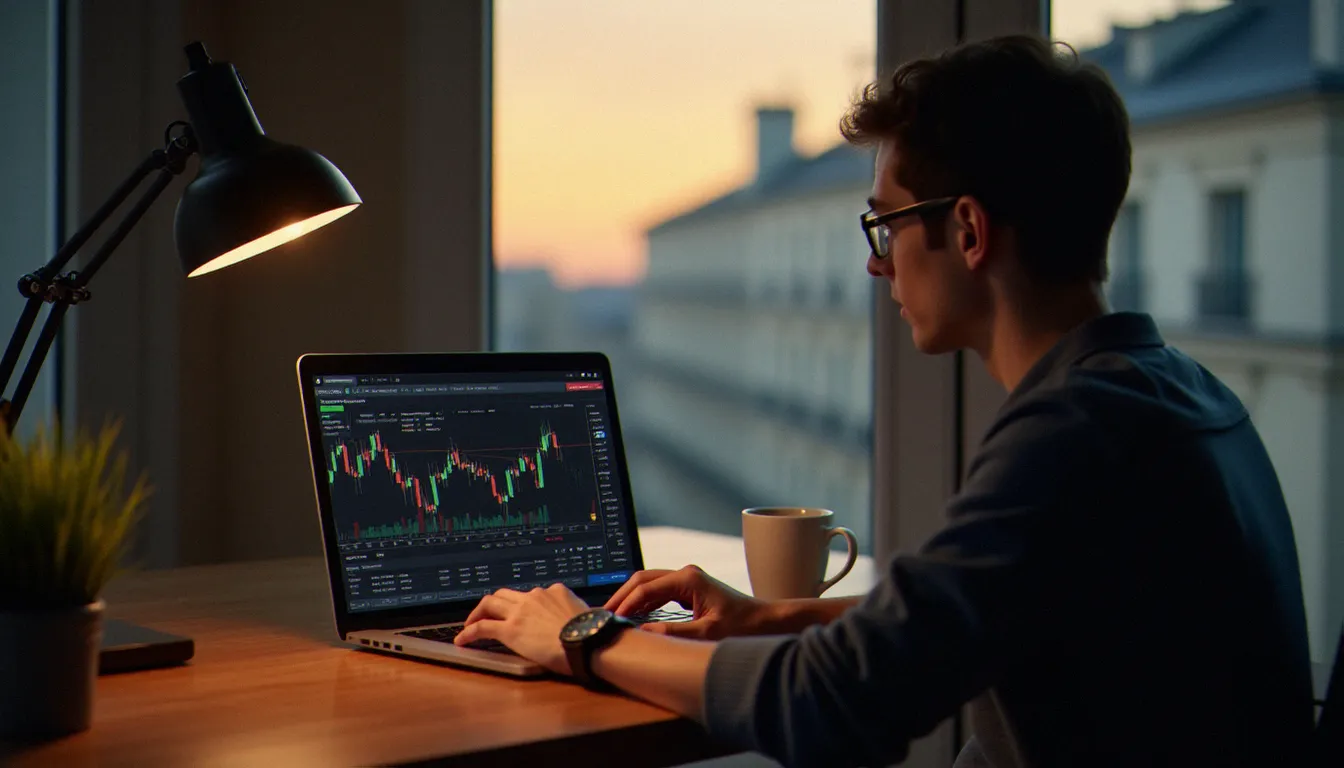 Un investisseur particulier analysant les marchés financiers sur son ordinateur portable dans un bureau à domicile parisien épuré, symbolisant la gestion d'un portefeuille Trade Republic