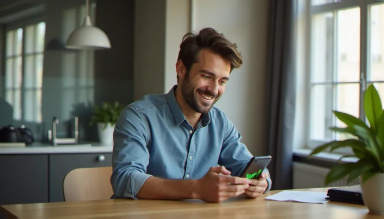 Un homme consultant son application de trading Trade Republic sur smartphone pour utiliser son code parrainage Trade Republic et recevoir une action gratuite