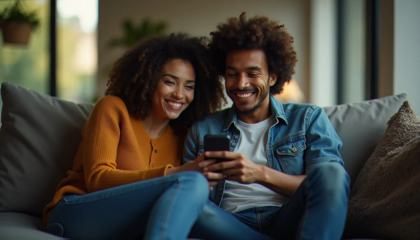 Deux amis partageant un code parrainage Unibet sur smartphone avant un événement sportif