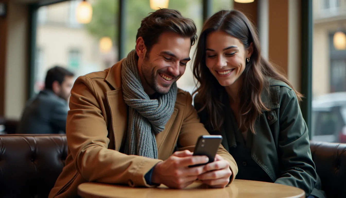 Deux amis partageant un code parrainage Veepee dans un café parisien, illustrant la stratégie gagnant-gagnant du parrainage entre proches