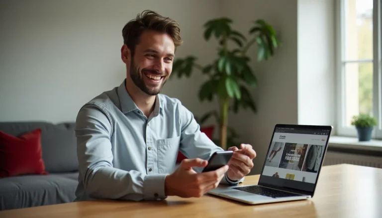 Un homme consultant son code parrainage Veepee sur smartphone devant son ordinateur affichant des ventes privées