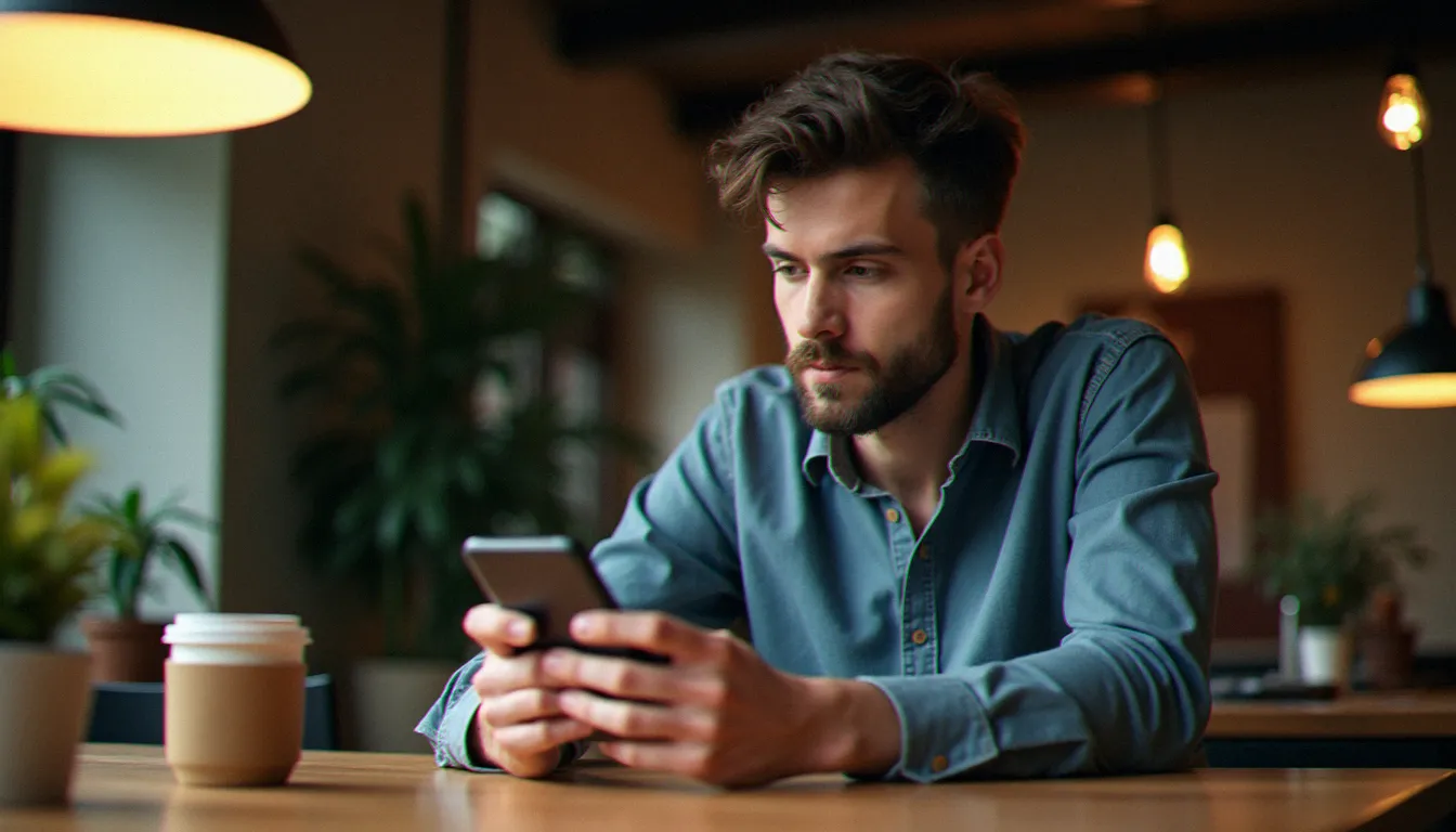 Jeune homme saisissant un code parrainage sur son smartphone assis à un bureau en bois, représentant l'étape d'inscription sur Voggt