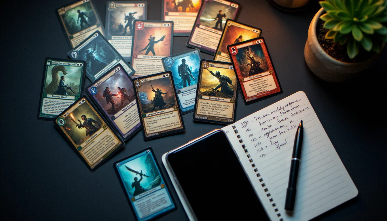 Vue aérienne d'une collection de cartes à collectionner colorées posées sur une surface sombre avec un smartphone, illustrant l'univers du live shopping Voggt