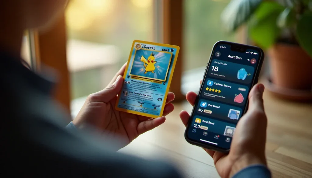 Mains tenant une carte Pokémon holographique devant un smartphone affichant un live de vente en ligne, illustrant l'utilisation d'un code parrainage Voggt