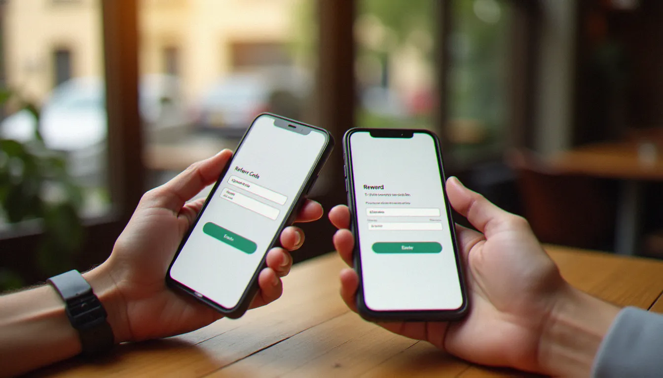 Deux amis utilisant un code parrainage WeWard sur leurs smartphones dans un café parisien