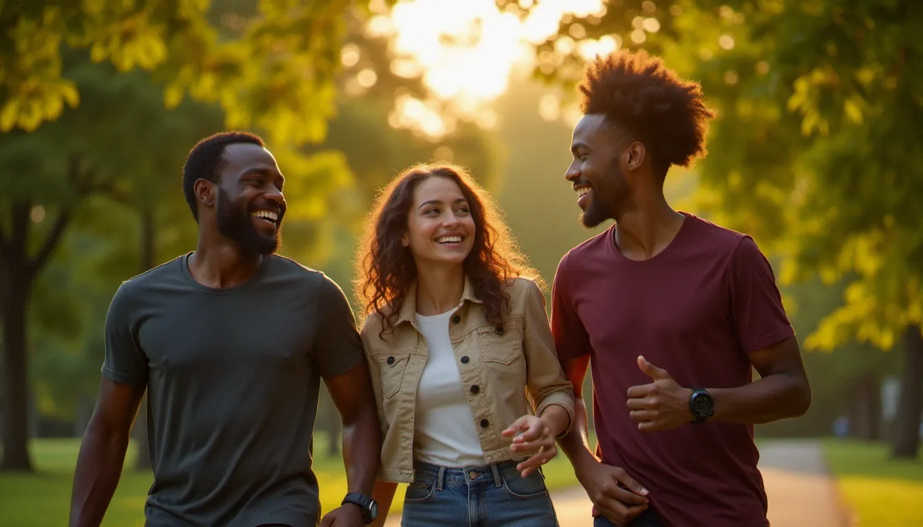 Groupe d'amis marchant ensemble dans un parc en France grâce à la motivation du programme de parrainage WeWard