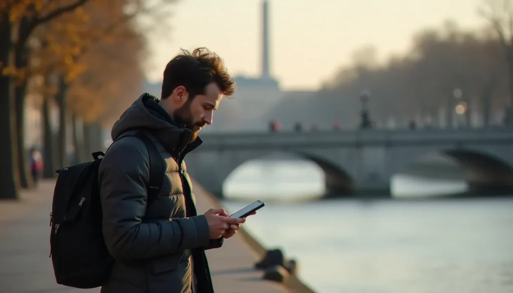 Homme consultant son application de marche récompensée sur smartphone à Paris, illustration du code parrainage WeWard