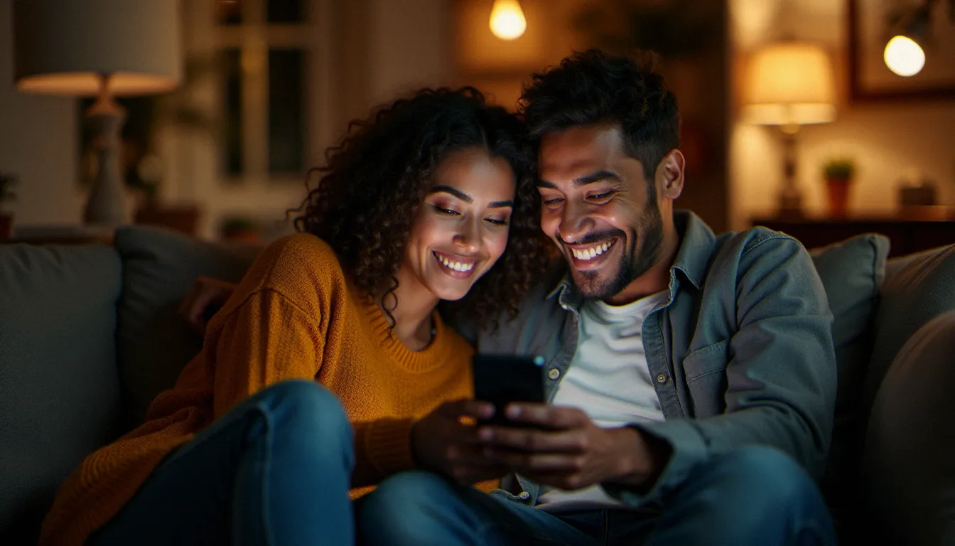 Deux amis partageant un lien de parrainage Winamax sur smartphone dans un salon contemporain