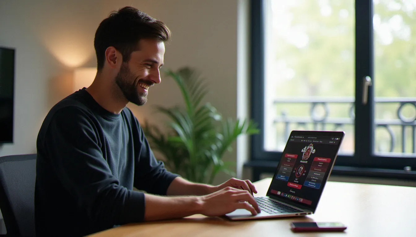 Homme consultant son code parrainage Winamax sur un ordinateur portable dans un appartement parisien lumineux