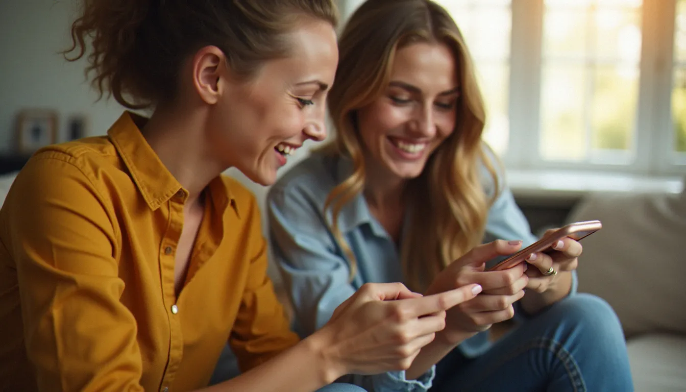 Deux amis partageant un code parrainage sur smartphone dans un appartement moderne, illustrant le fonctionnement du parrainage YesStyle