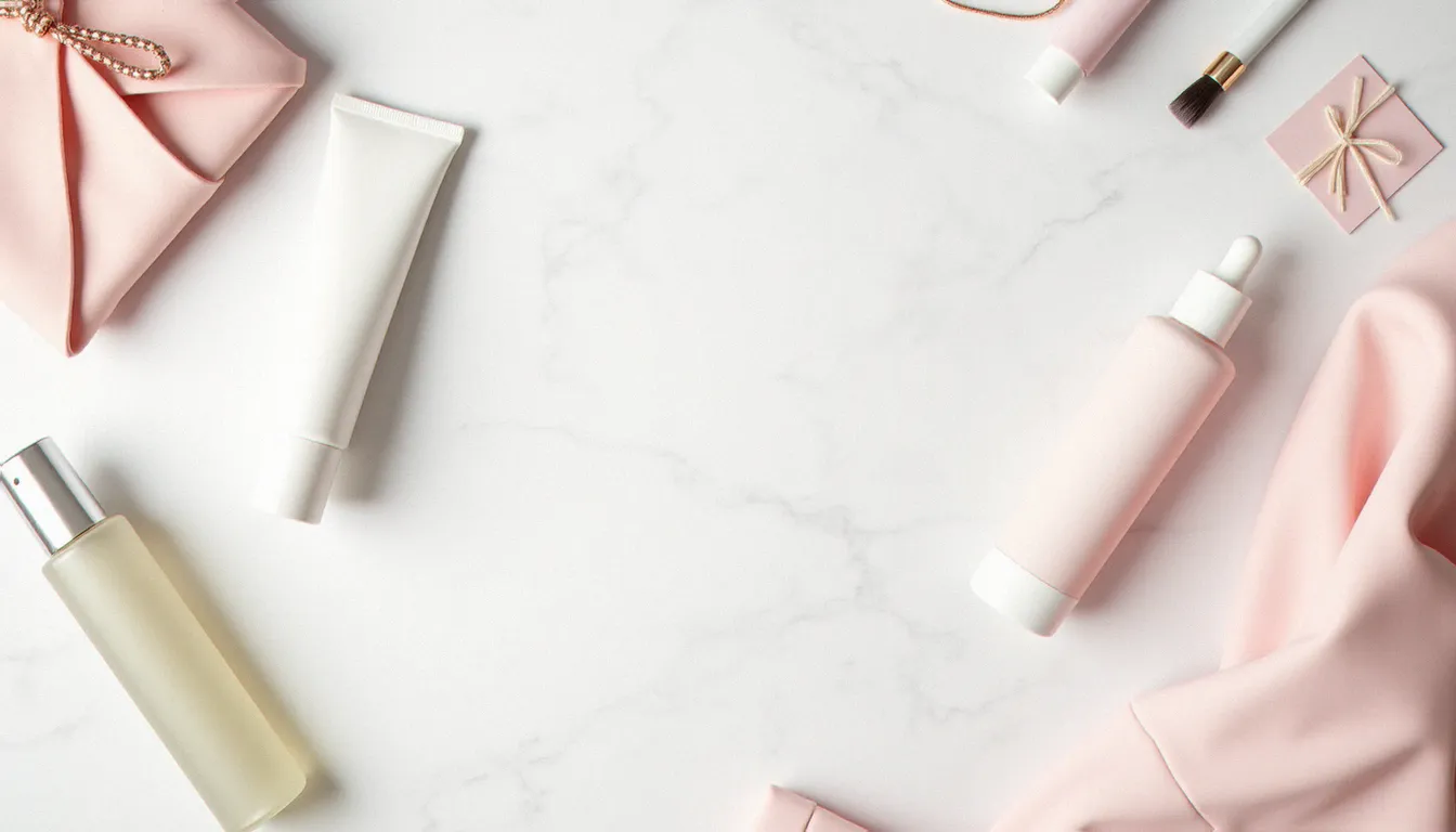 Produits de beauté coréenne et accessoires de mode YesStyle disposés sur marbre blanc, illustrant les avantages du programme de parrainage