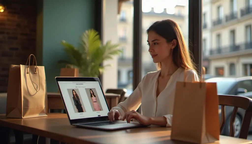 Jeune femme parcourant le site YesStyle sur son ordinateur portable dans un café parisien, illustrant l'utilisation d'un code parrainage YesStyle