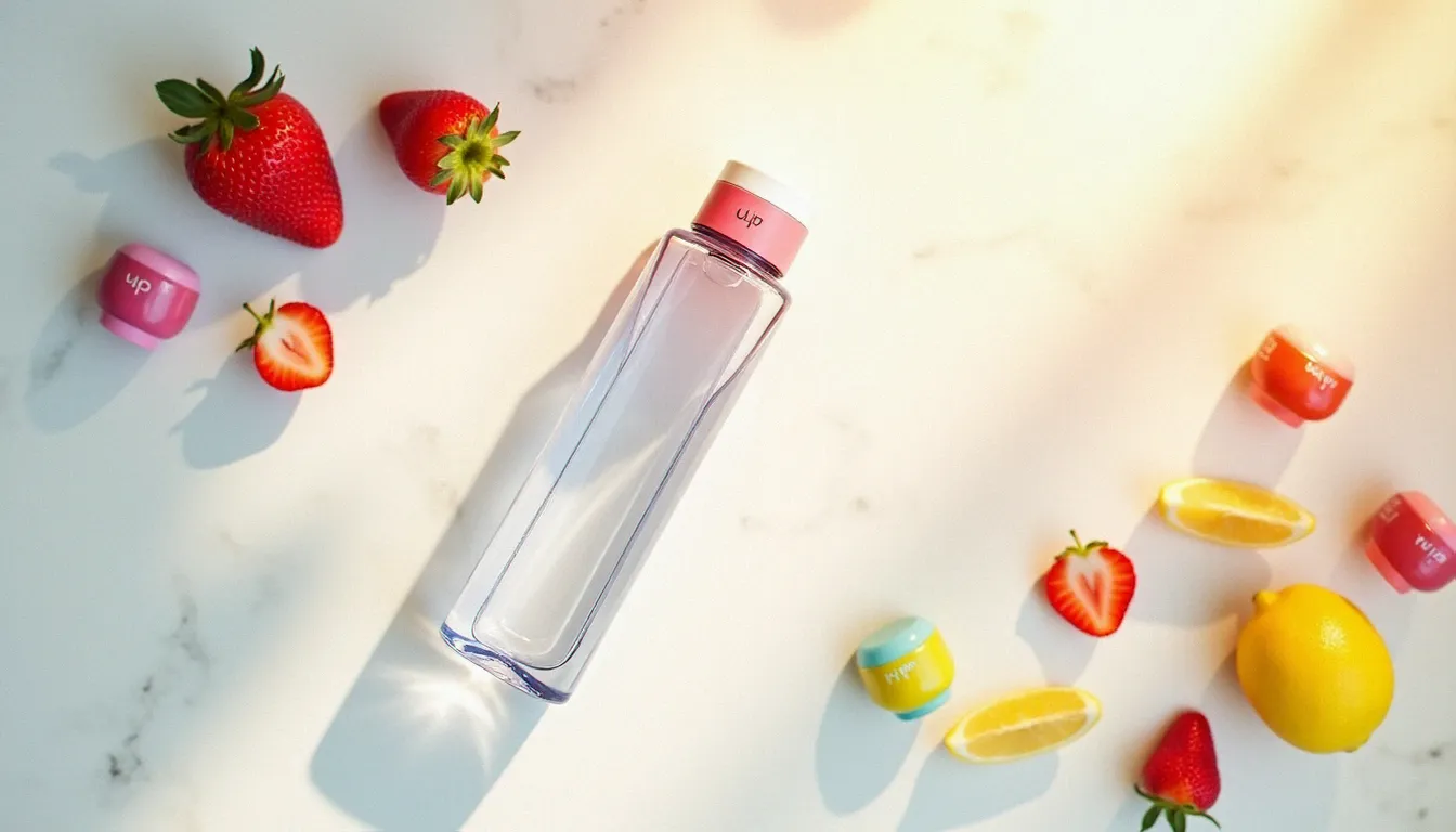 Vue aérienne d'une gourde air up avec ses pods aromatisés et des fruits frais, illustrant les économies sur la santé et l'hydratation comparées aux sodas industriels