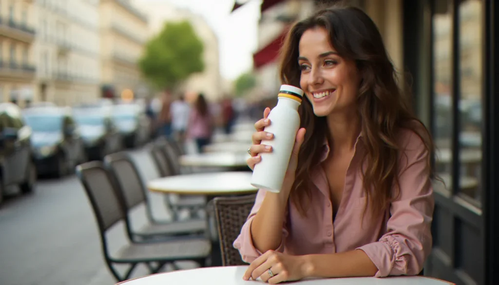 Jeune femme buvant dans une gourde air up avec code promo en terrasse de café parisien, illustrant les économies réalisées grâce à un bon de réduction