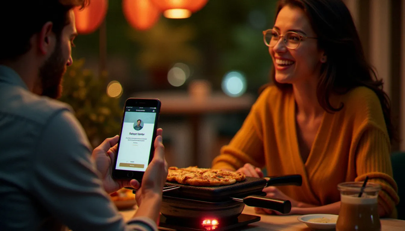 Deux amis partageant une raclette et découvrant une récompense de parrainage sur smartphone, illustrant le programme de parrainage Cookut