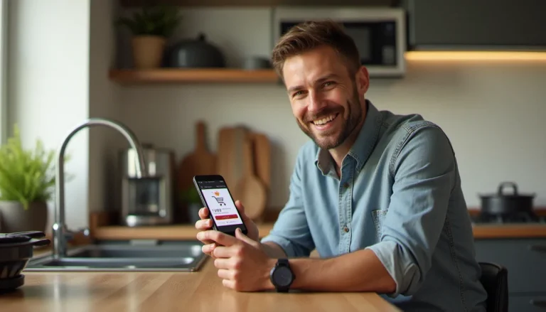 Un homme consultant un code promo Cookut sur son téléphone dans une cuisine parisienne moderne avec des appareils culinaires design